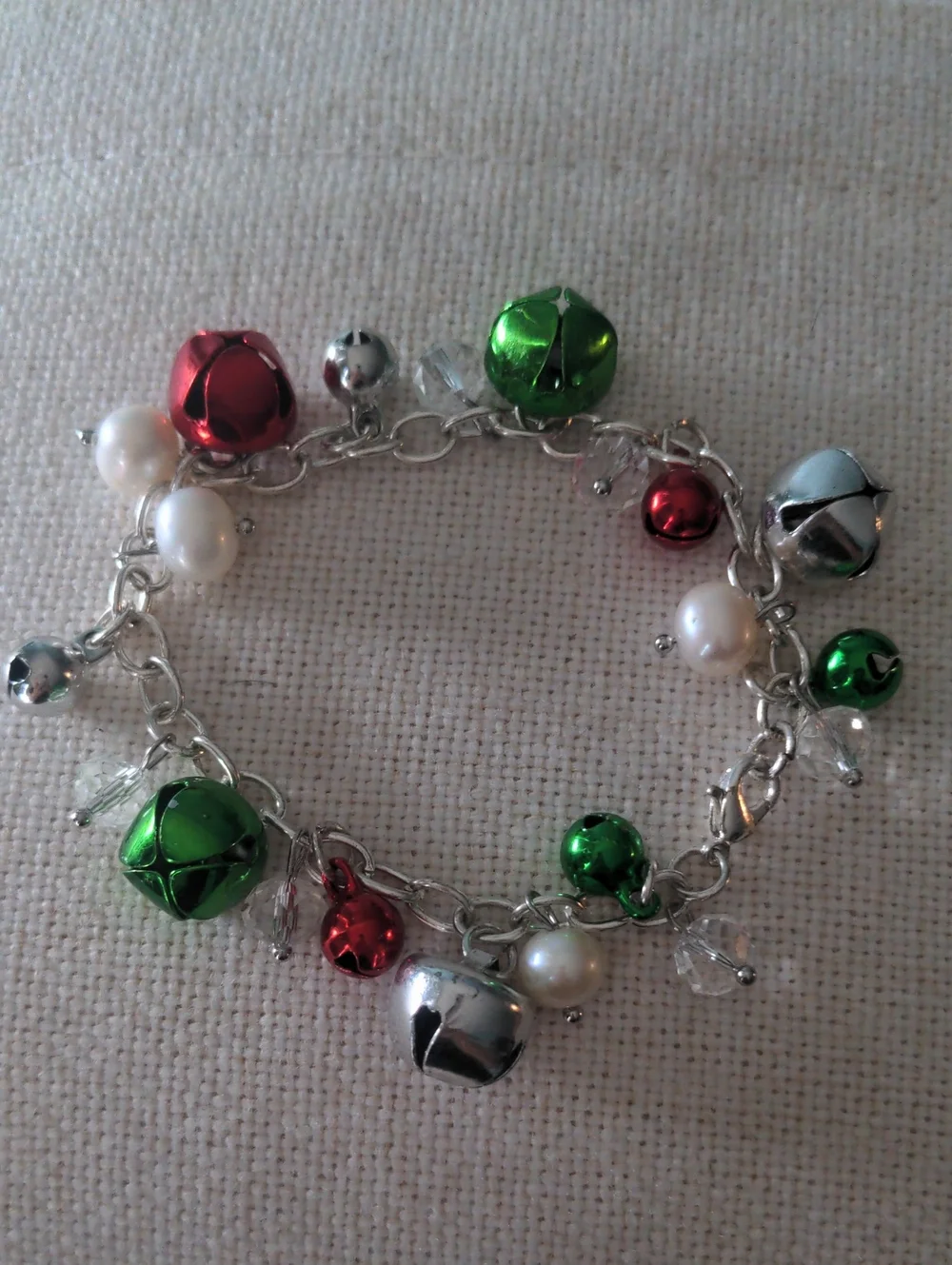 Festive Green & Red Bell, Pearl , Crystal Charm Bracelet, Adjustable 7 1/2